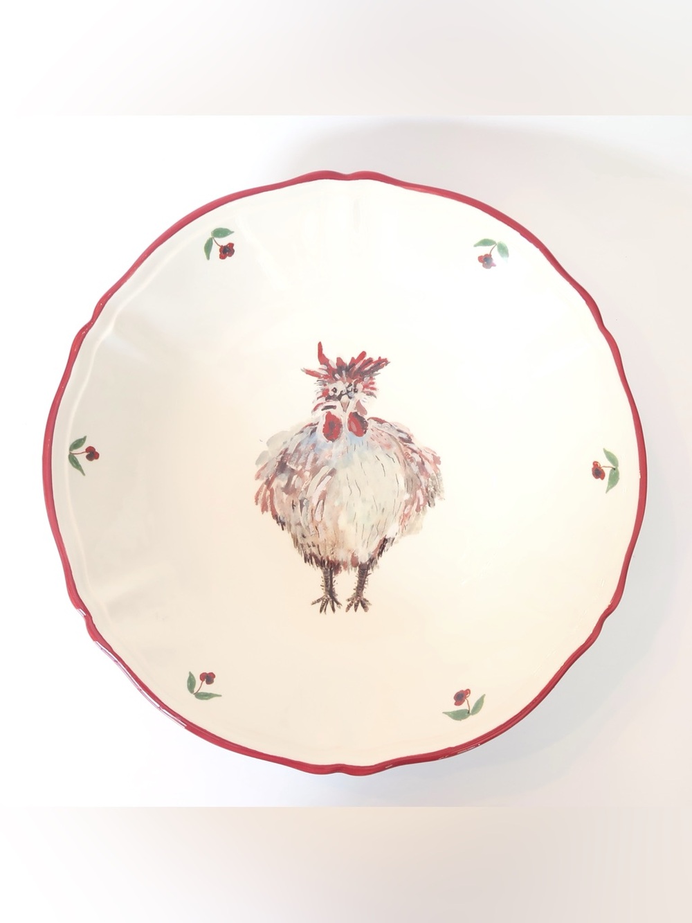 Jacques Pepin Sur La Table Rooster Chicken 13” Serving Bowl Italy Red Rim